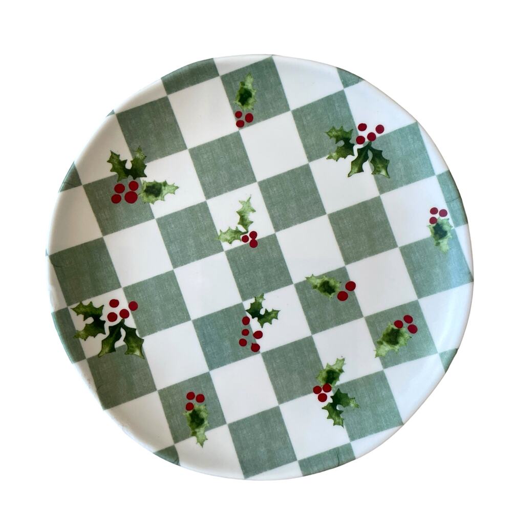 Set 4 HOLLY BERRY GREEN Checkered 8” Christmas Plates Melamine C&C CALIFORNIA